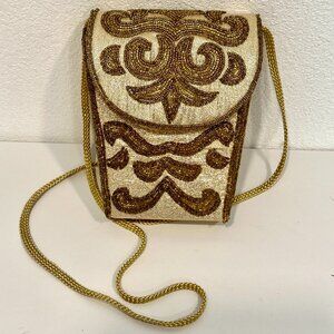 VTG La Regale Crossbody Evening Bag Brown Beaded Gold Metallic Hard Case 7"x6"